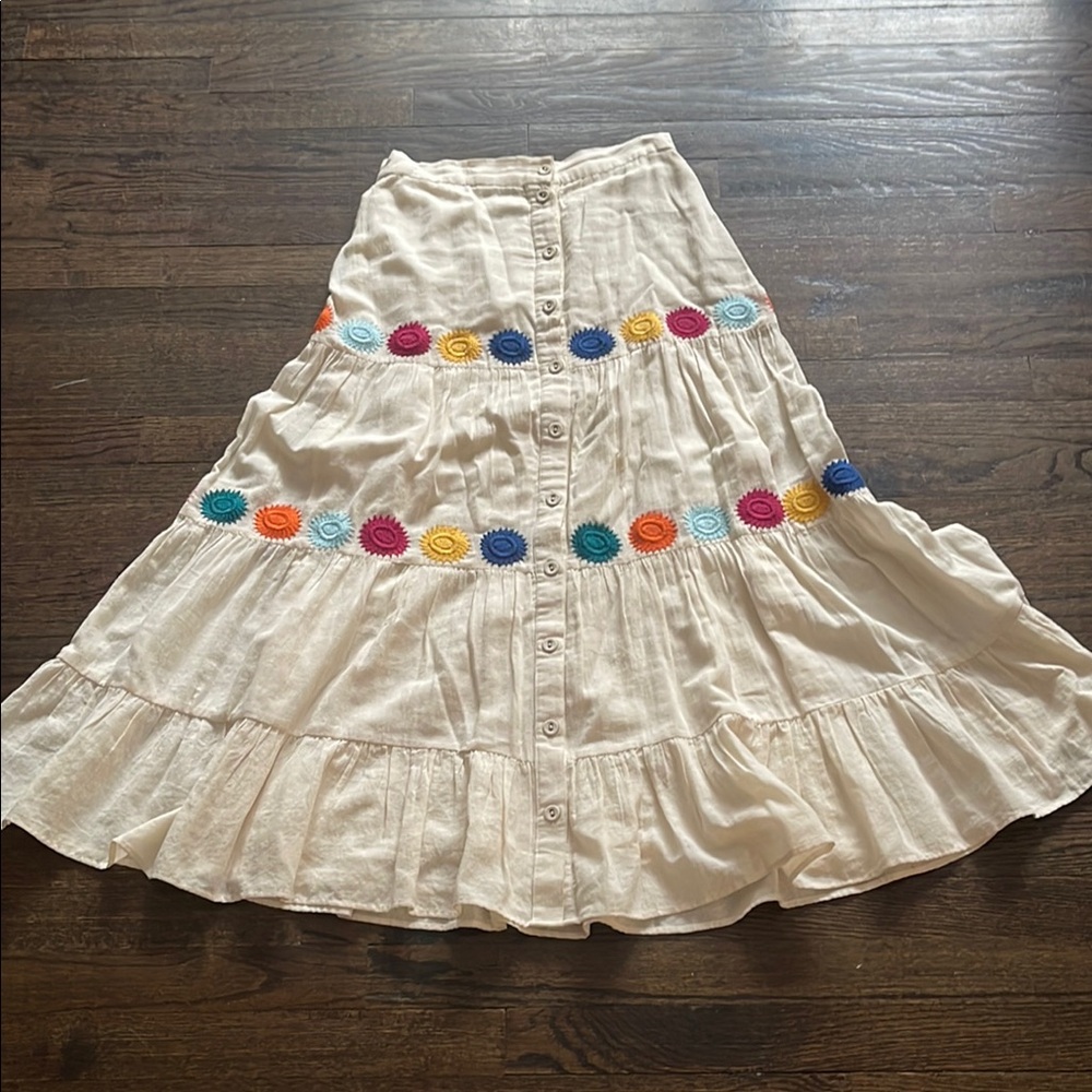 Boho Cream A-Line Skirt with Colorful Embroidery